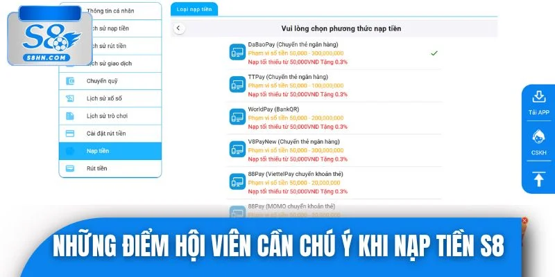 Những điểm hội viên cần chú ý khi nạp tiền S8